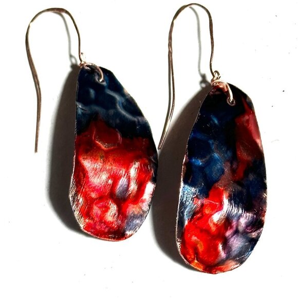 Festive Blue Red Copper Embossed Earrings Handmade Textured Painted Rustic Boho - Picture 7 of 11